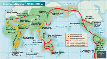 Figure 5:  Map showing the earliest migrations of Homo sapiens as well as their interactions with Homo erectus. It also shows the extent of ice sheets and dates of particular sites (Calum 2016).